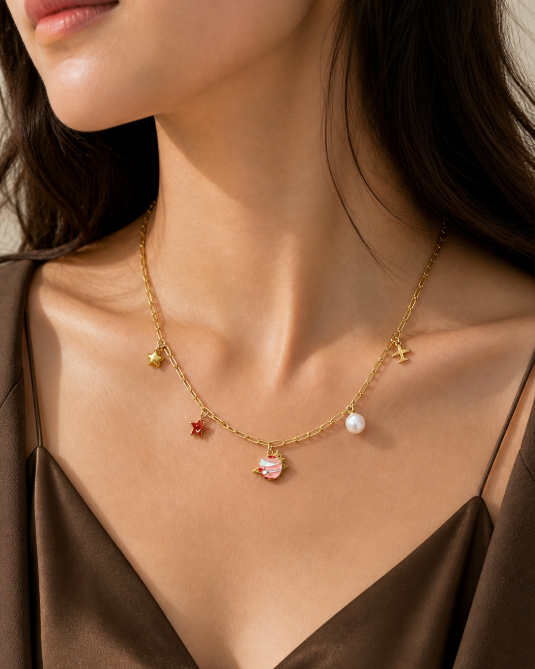Gold Charm Necklace with Star, Planet & Pearl